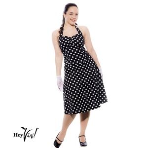 Black and White Polka Dot Cotton Halter Dress Rockabilly Sundress Sz S/M Hey Viv